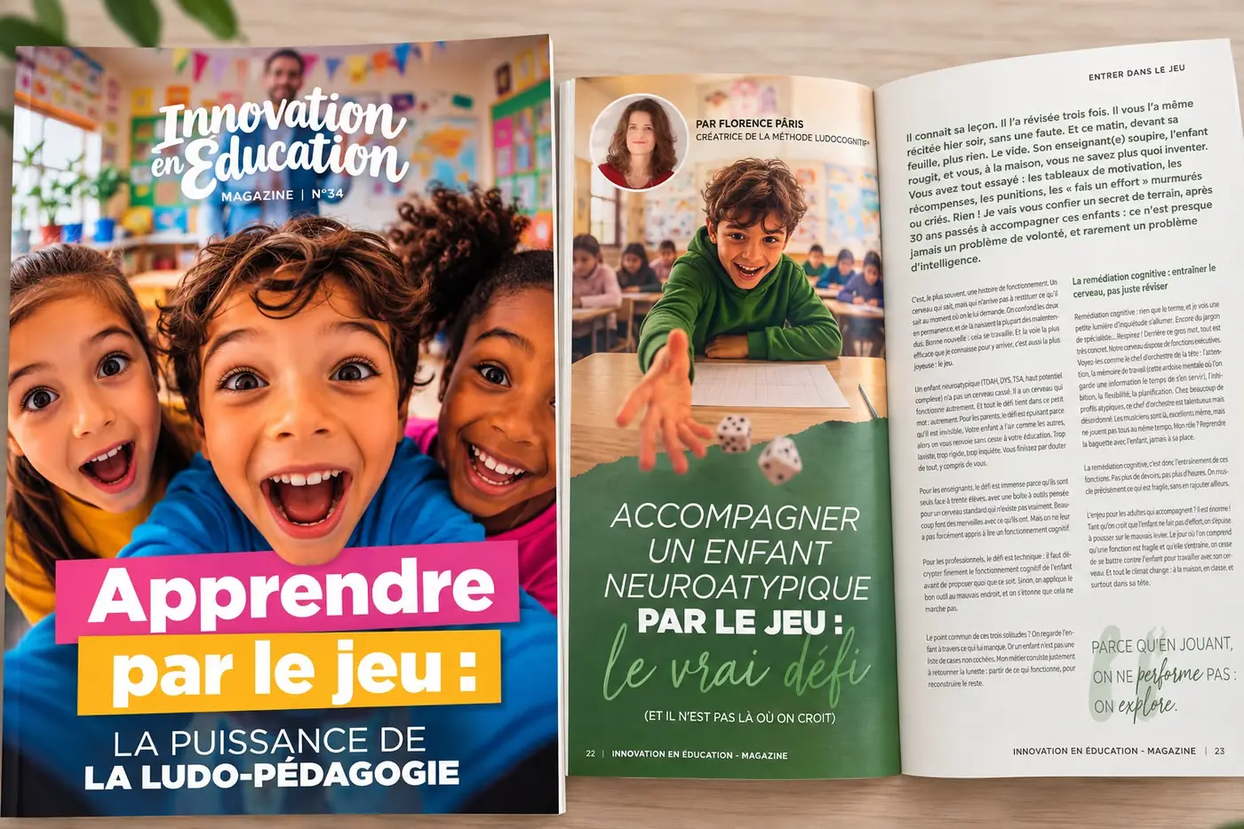 Le numéro 34 d’Innovation en Éducation Magazine ouvert sur l’article de Florence Pâris consacré à l’accompagnement des enfants neuroatypiques par le jeu